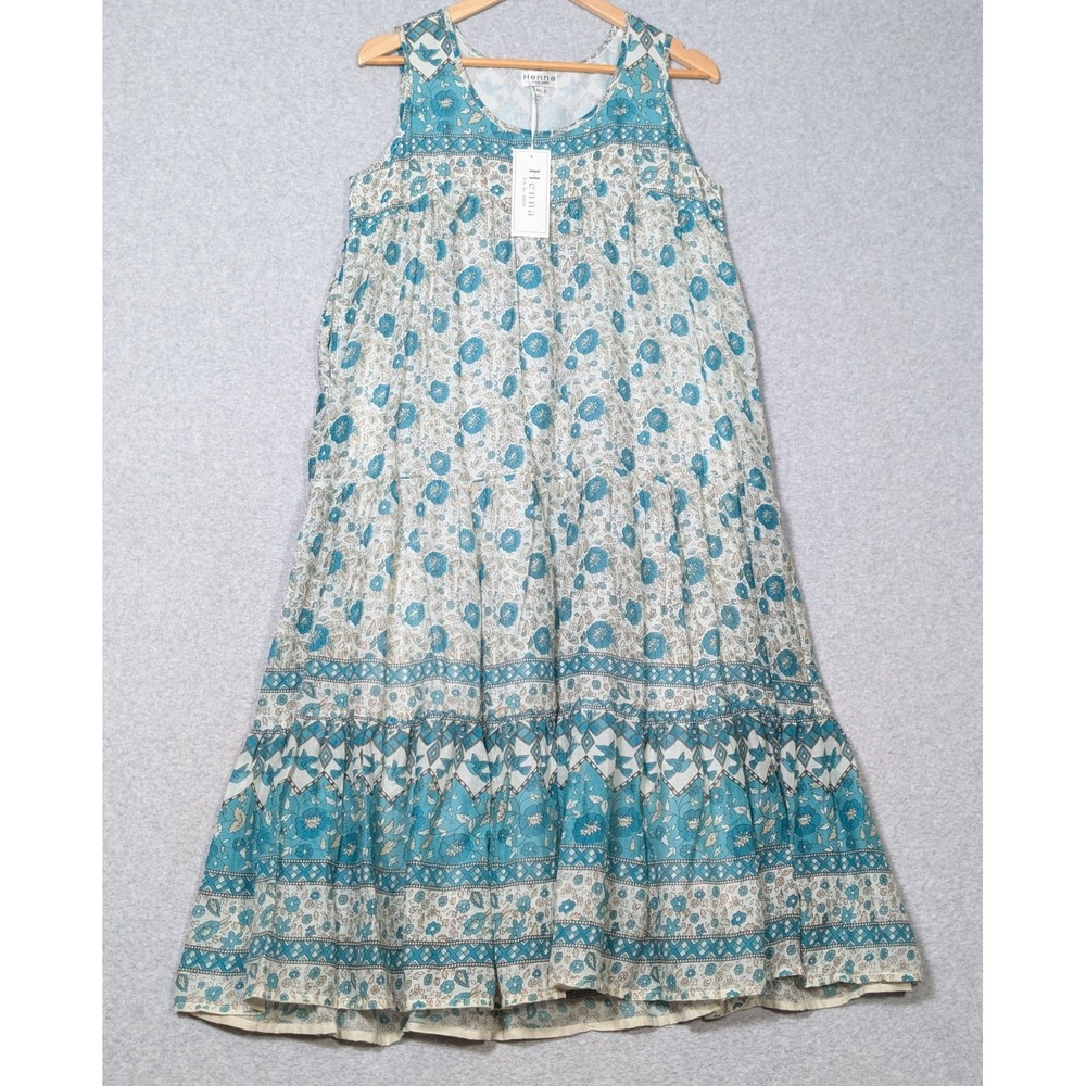Henna Maxi Dress Size Medium/Large Sleeveless Teal Floral Bird Print New